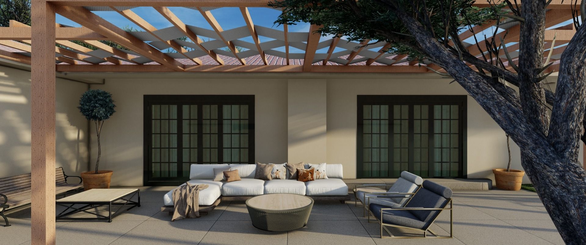 Arnwood — pergola-covered lounge and dining, architectural rendering