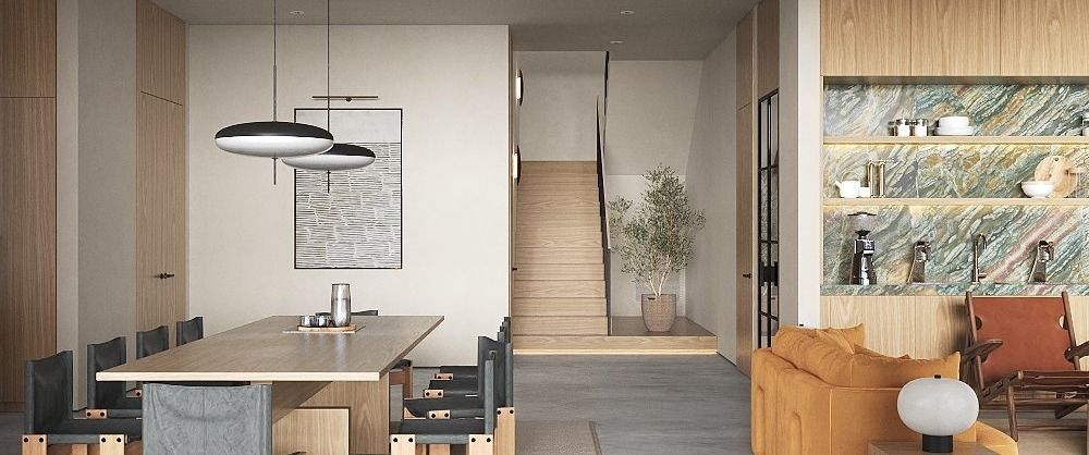 Bel Air custom home — dining toward the stair, architectural rendering