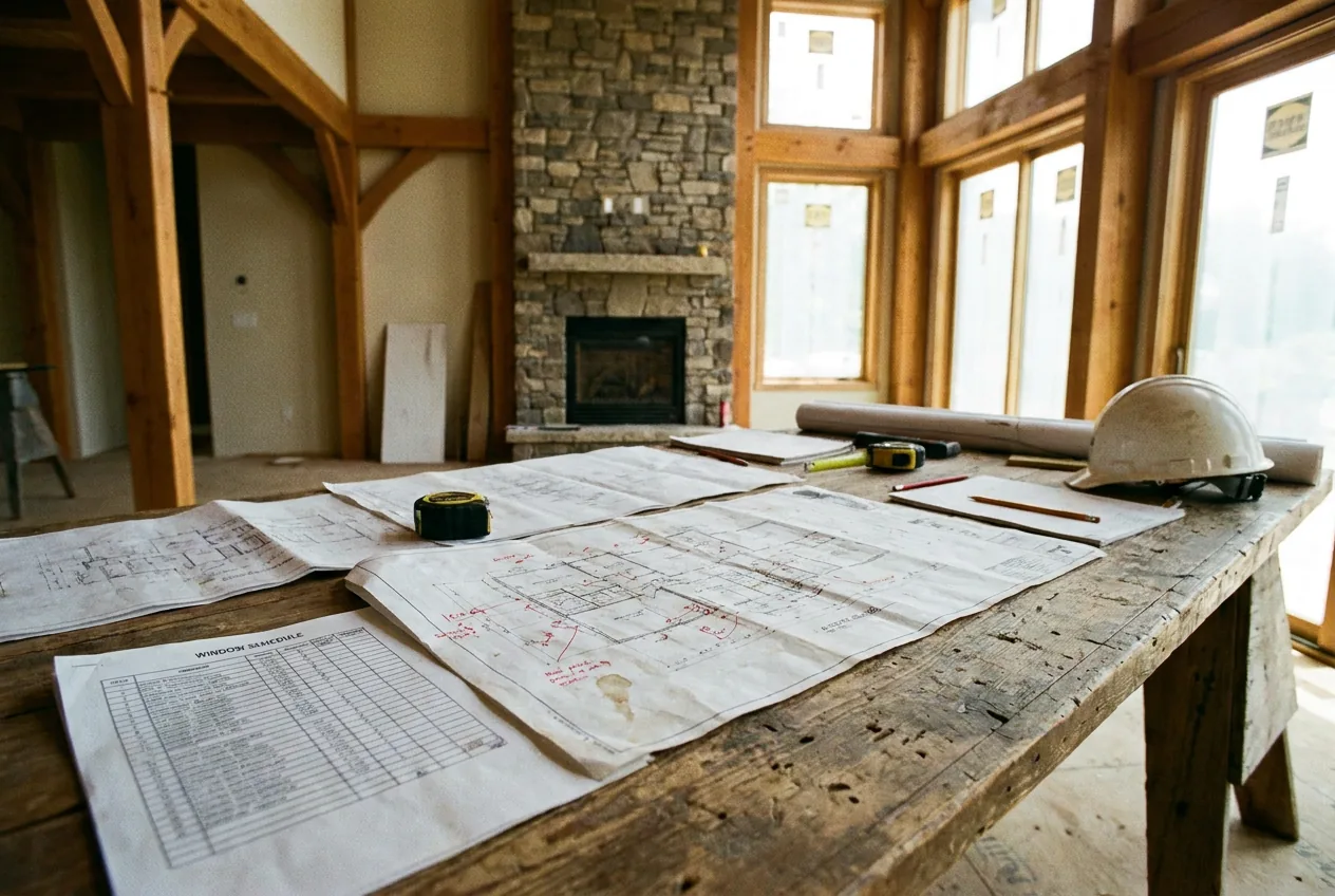 Marked construction drawings and a window schedule on a table during early planning.