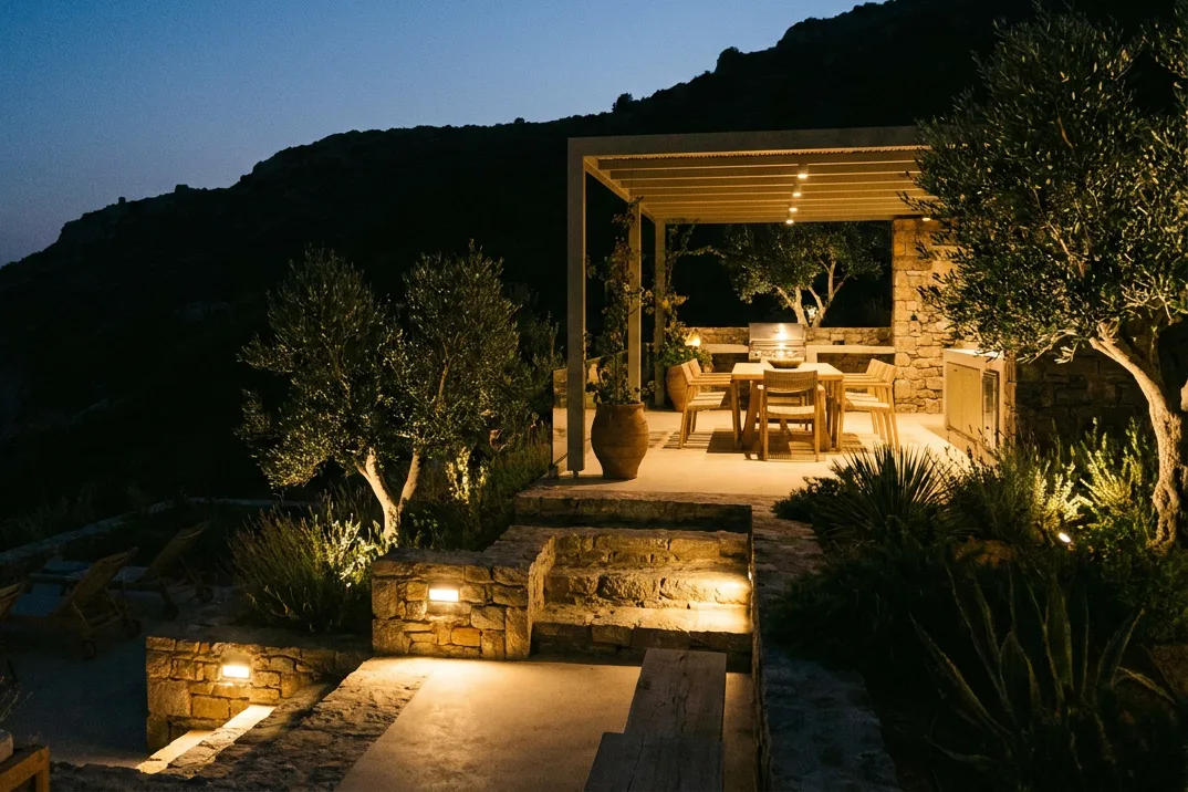 Softly lit terrace steps and outdoor dining area beneath a dark hillside.