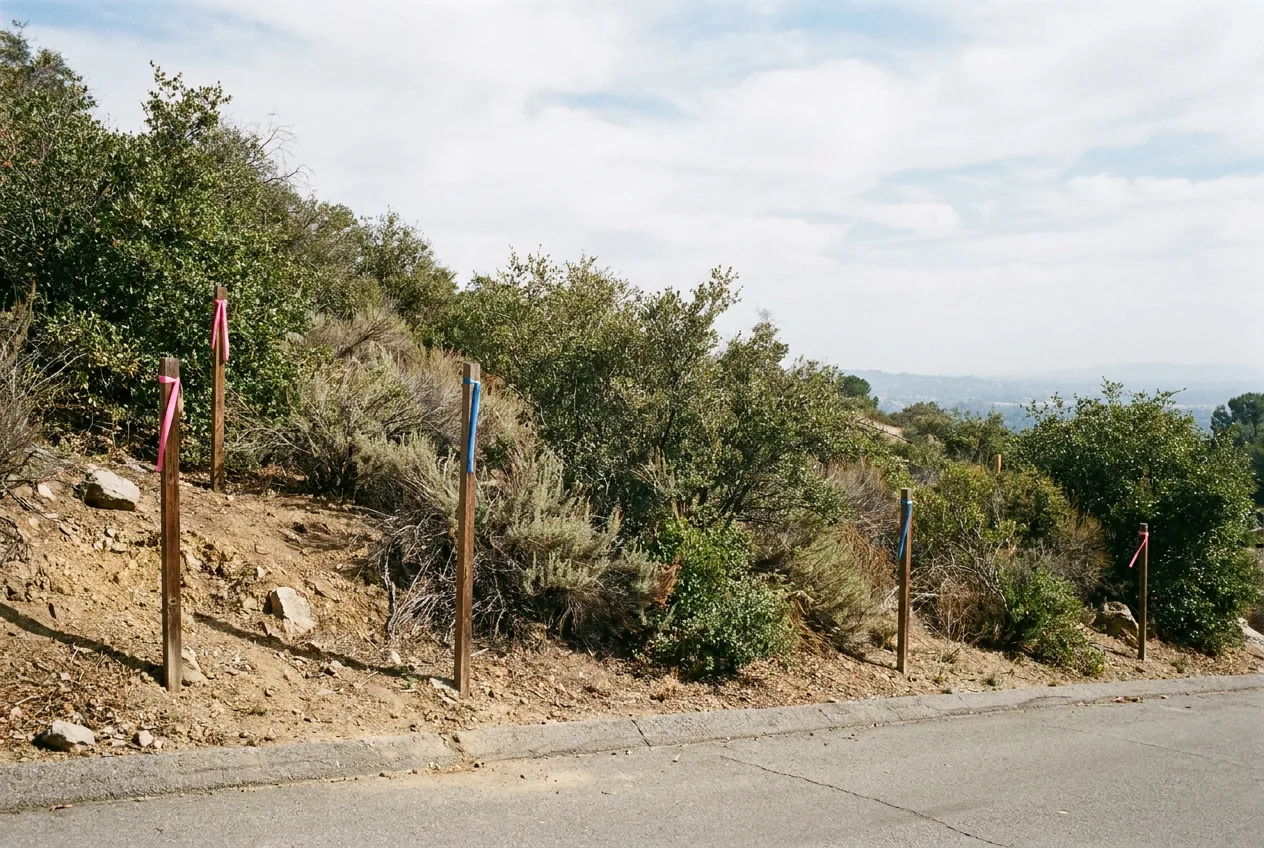 Ribboned survey stakes along the edge of a sloping lot of chaparral and scrub oak above the valley.