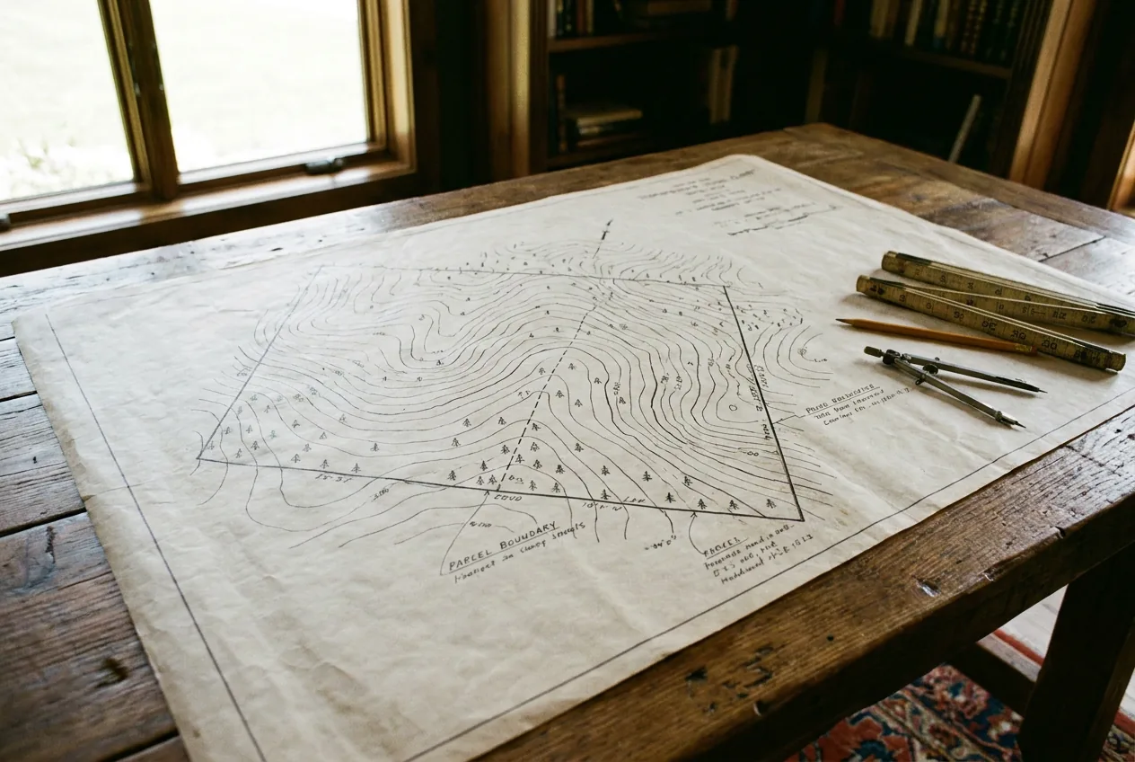 Topographic survey showing contour lines and tree locations on a hillside parcel.
