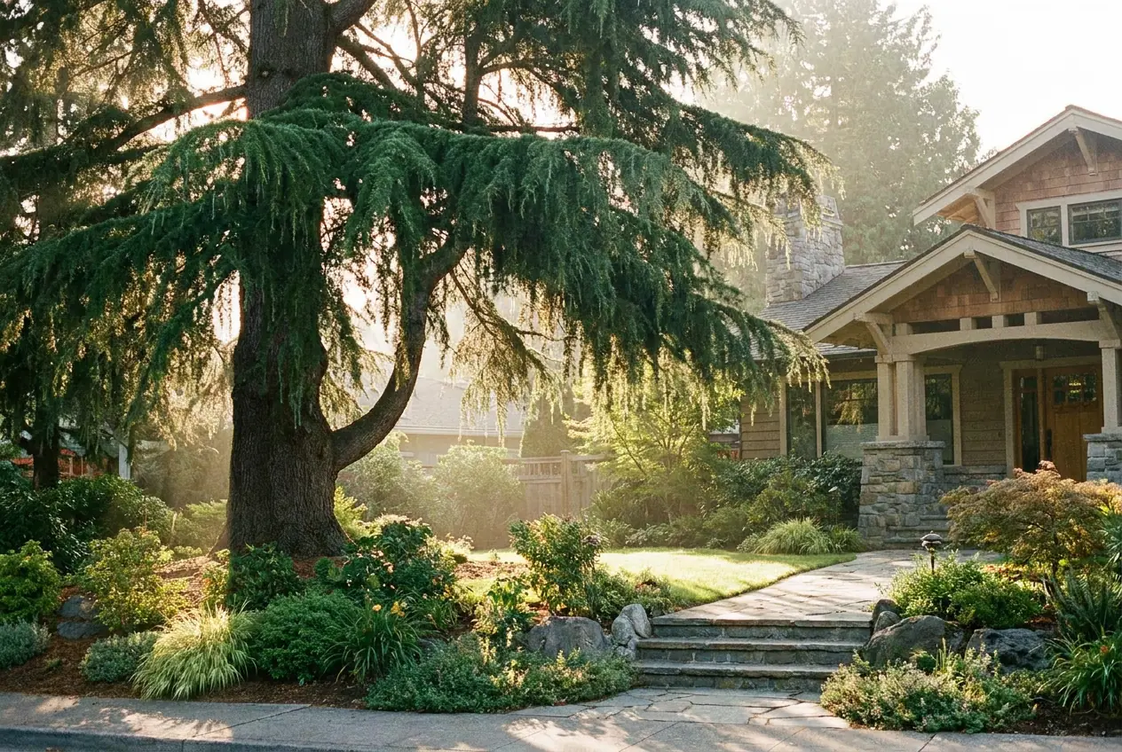 A mature deodar cedar shading a planted garden and a stone entry path in early morning light.