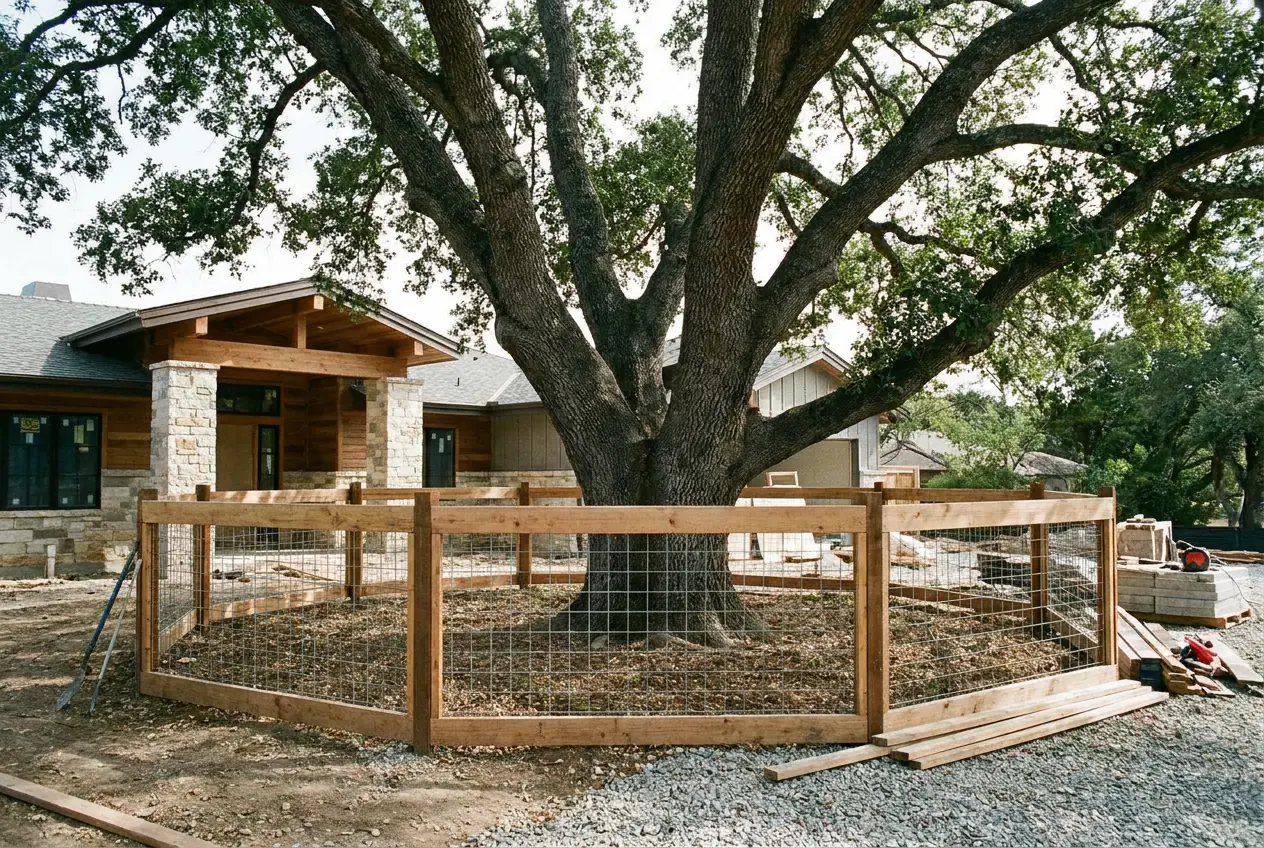 A mature coast live oak protected by fencing at its drip line during construction.