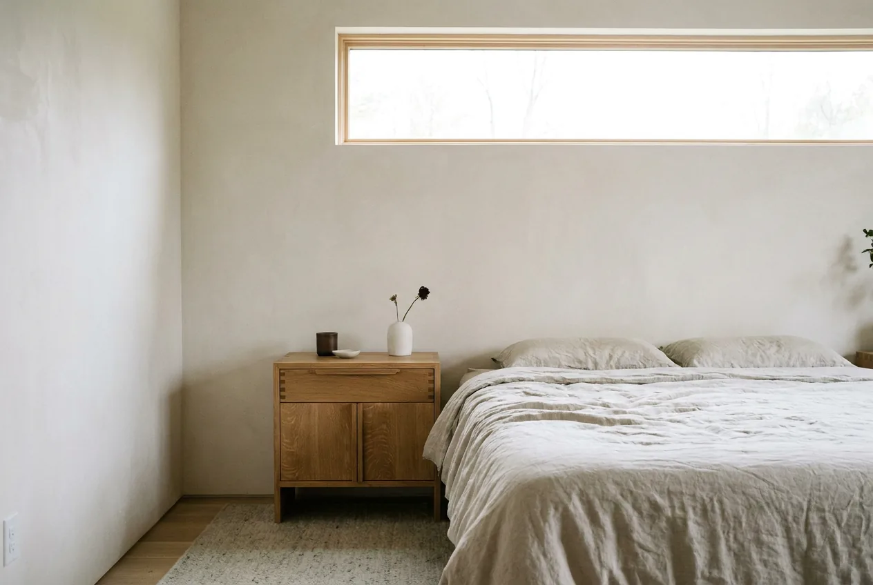 An upstairs bedroom with a high horizontal window that brings in light without facing the neighbors.