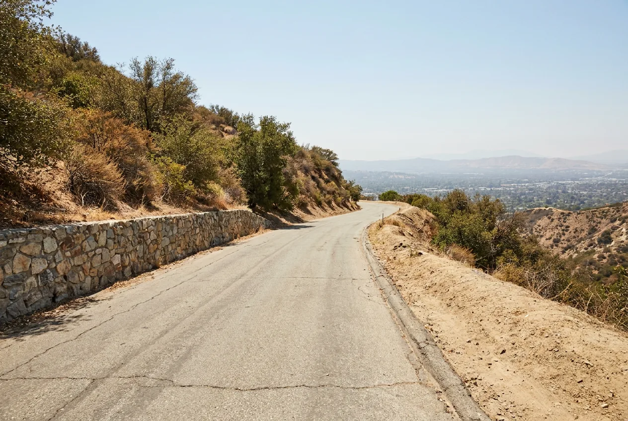 A narrow two lane street climbing a dry chaparral hillside between a stone retaining wall and a steep drop, with the San Fernando Valley below.