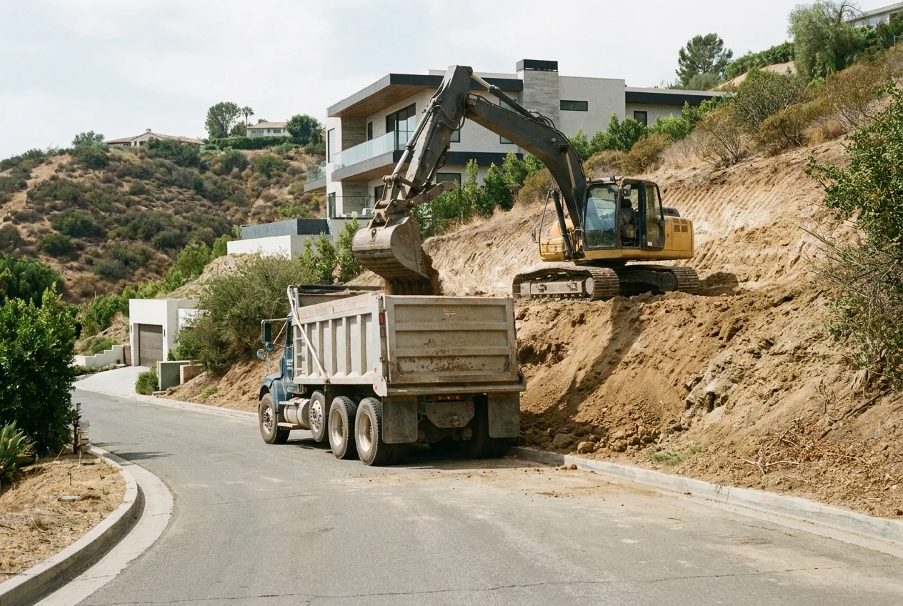 A dump truck on a narrow hillside street taking excavated soil off a freshly cut building terrace.