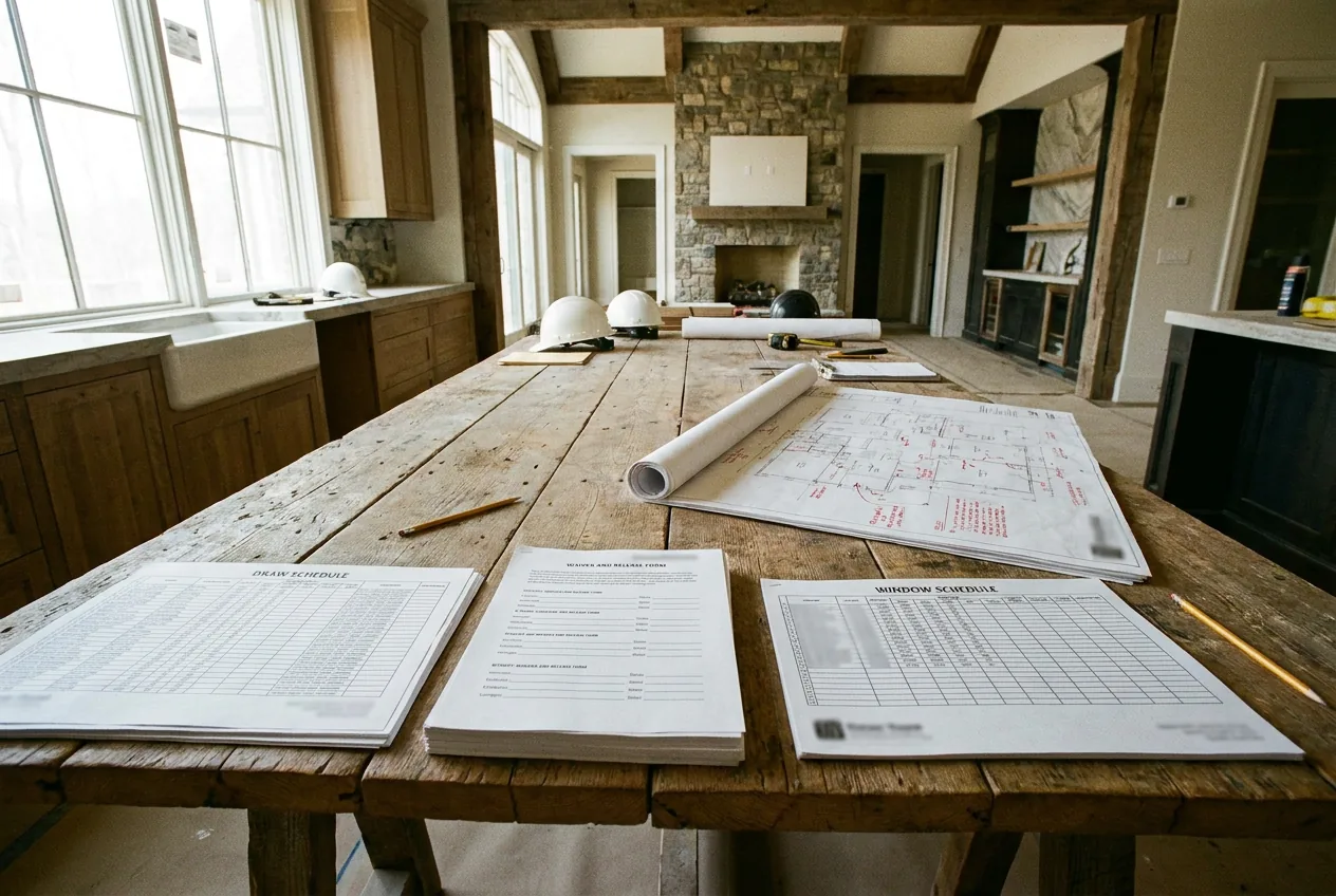 Draw schedule, release paperwork, window schedule, and marked plans laid out on a construction table.