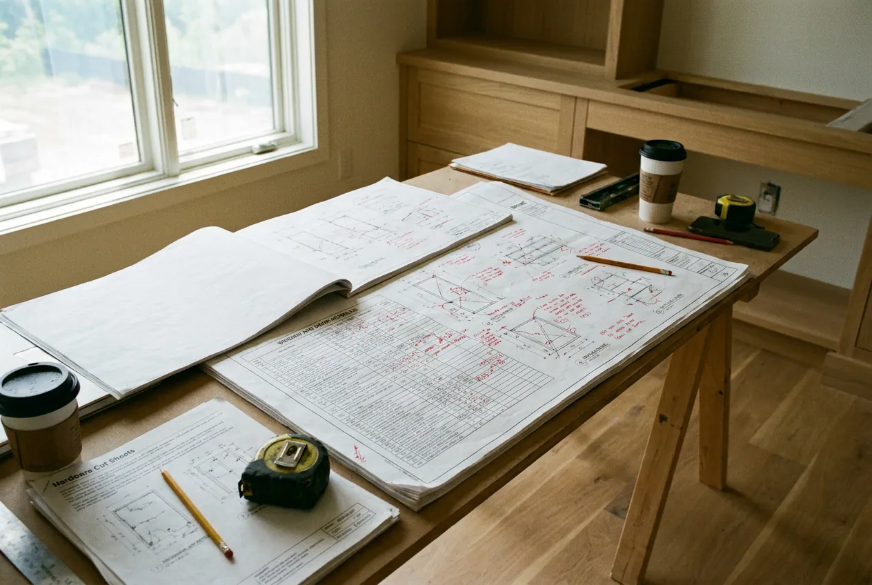 Window and door schedule with redlined shop drawings and hardware notes on a jobsite table.