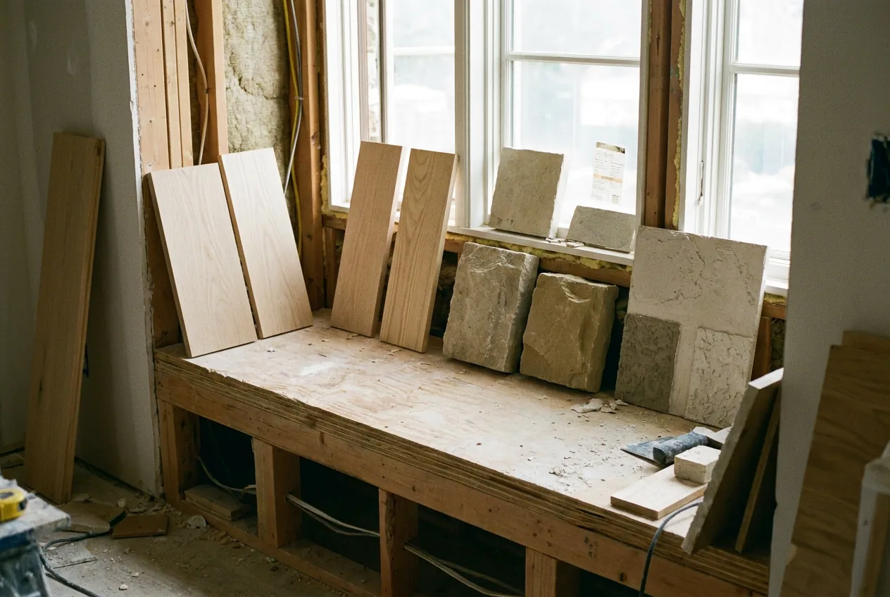 Pale material samples beside a window opening in an unfinished house.