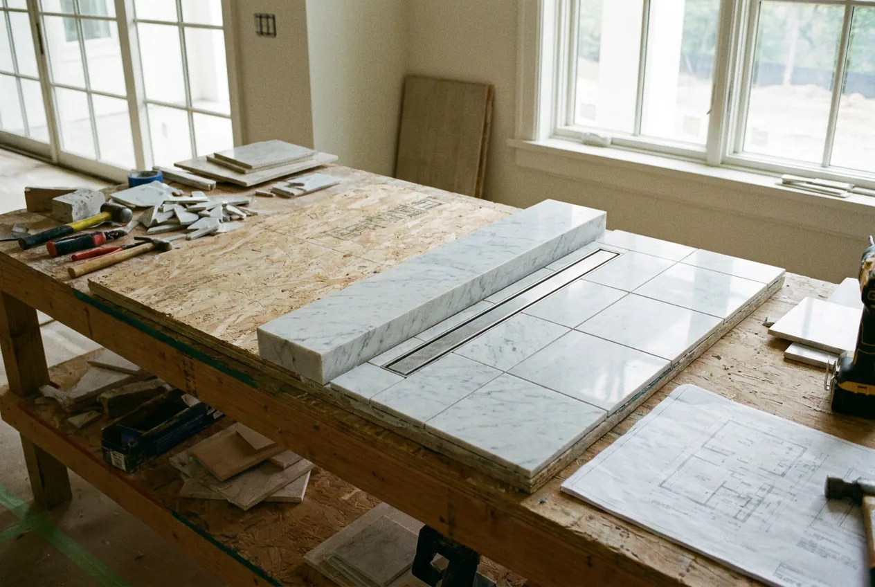 Shower-threshold mockup showing the junction between dry and wet floor samples.