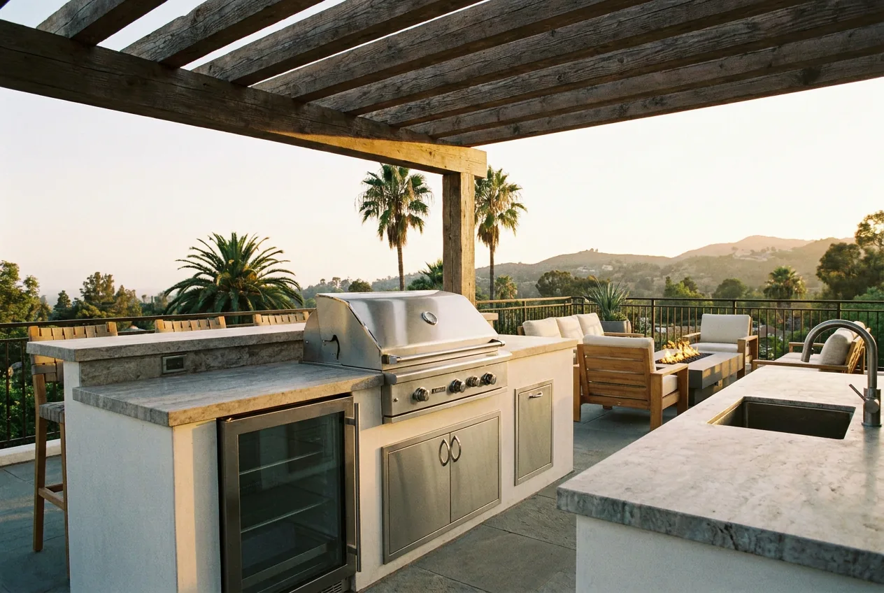 Illustration of a built-in outdoor kitchen with a stone counter, grill and sink under a pergola, with a gas fire pit beyond.