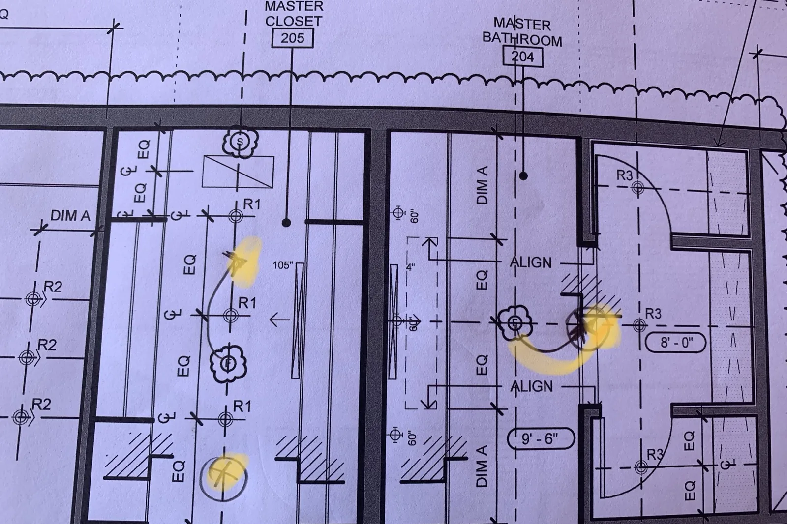 Permit drawings for a closet and bathroom with dimensions and highlighted fixture locations, marked up on an Akopi Builders remodel.