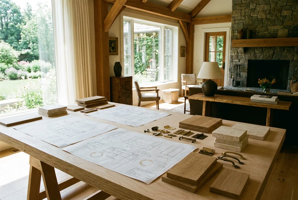 Cabinet shop drawings, millwork elevations and wood and stone samples arranged on a plywood worktable.