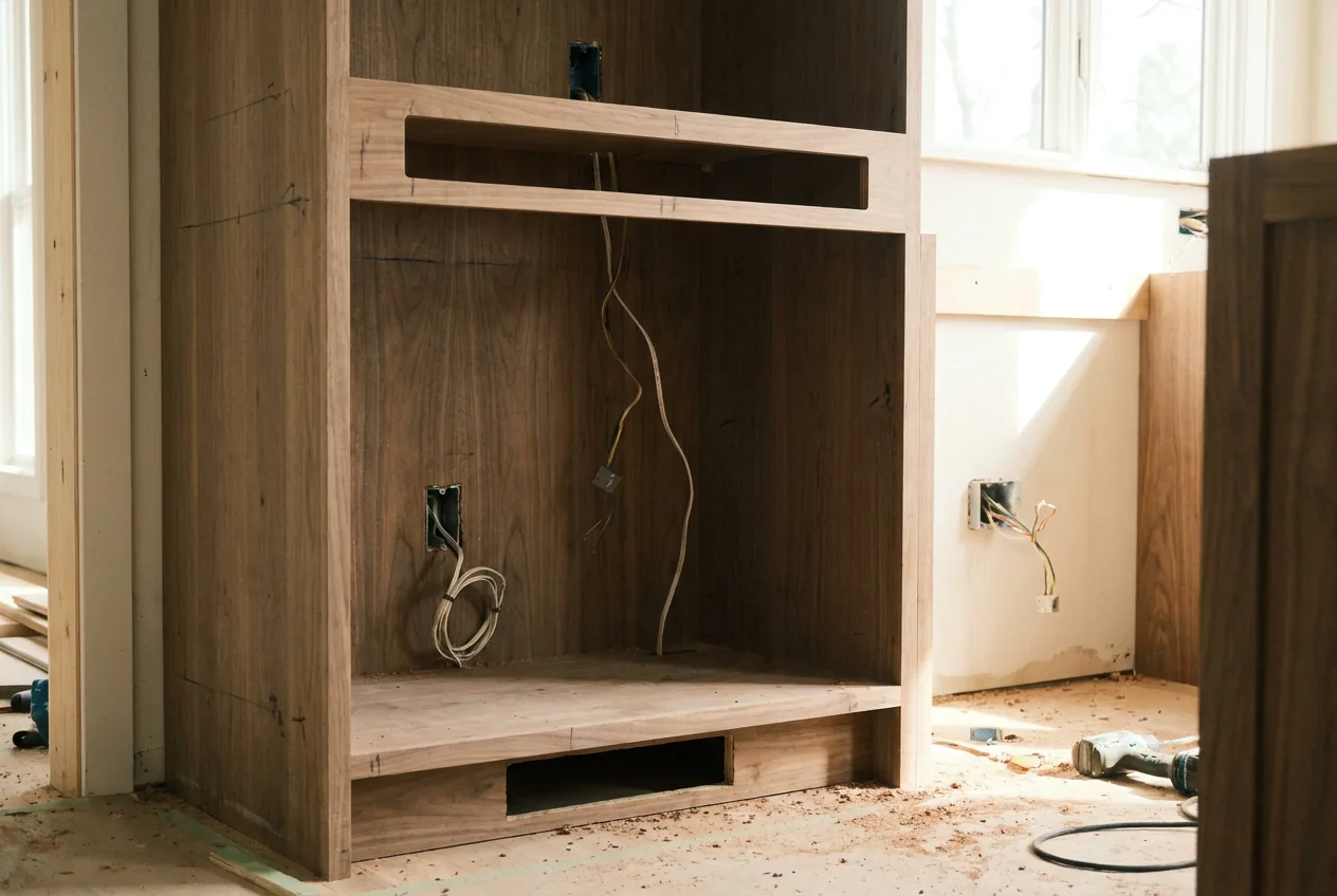Unfinished built-in cabinet bay showing a low intake opening, a high outlet slot and electrical rough-in.