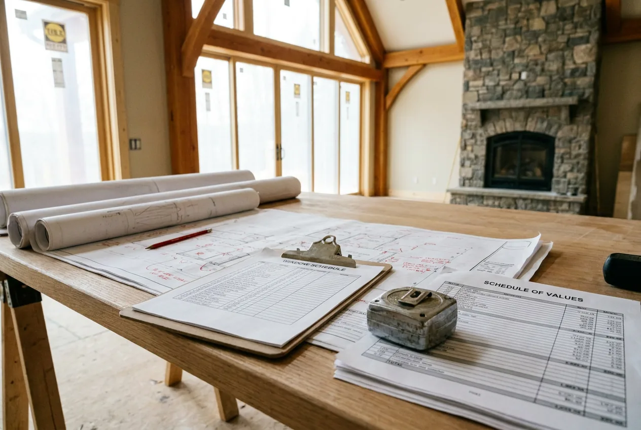 Marked construction drawings and a window schedule laid out on a jobsite table.