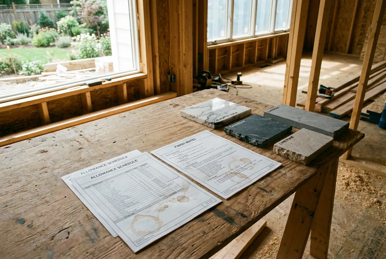 Allowance schedule, finish notes, and stone samples laid out on a plywood job table inside a framed room.