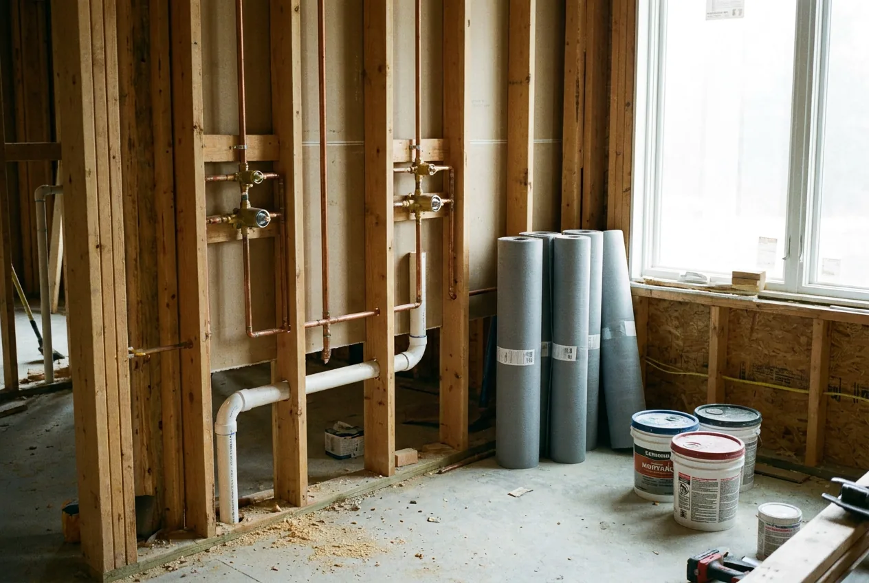 Rough framed bathroom wall with valve bodies and drain lines installed before waterproofing and tile.