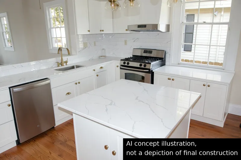 The same kitchen redesigned with white shaker cabinets and quartz counters, AI concept illustration