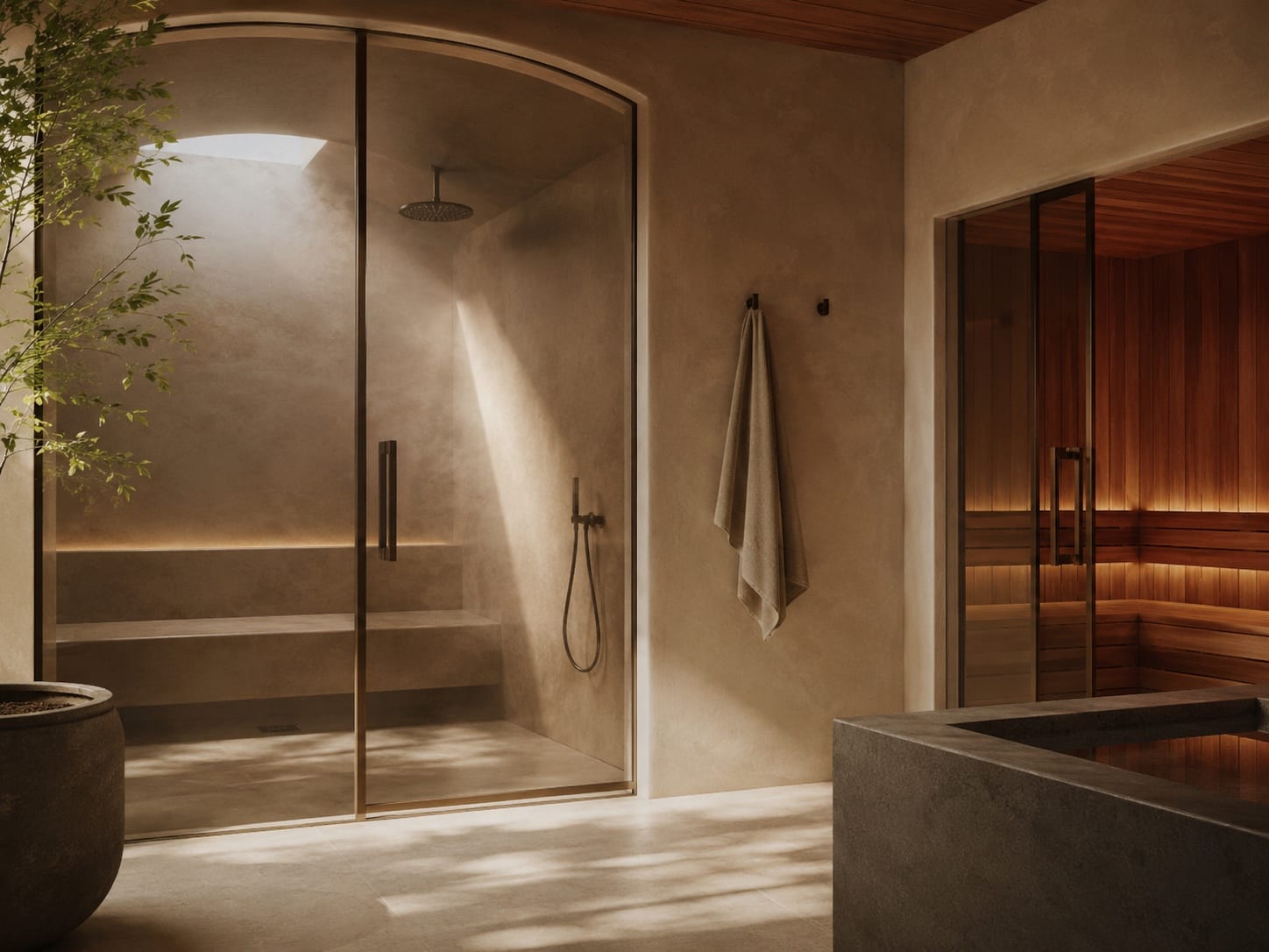 Stone-lined steam shower interior