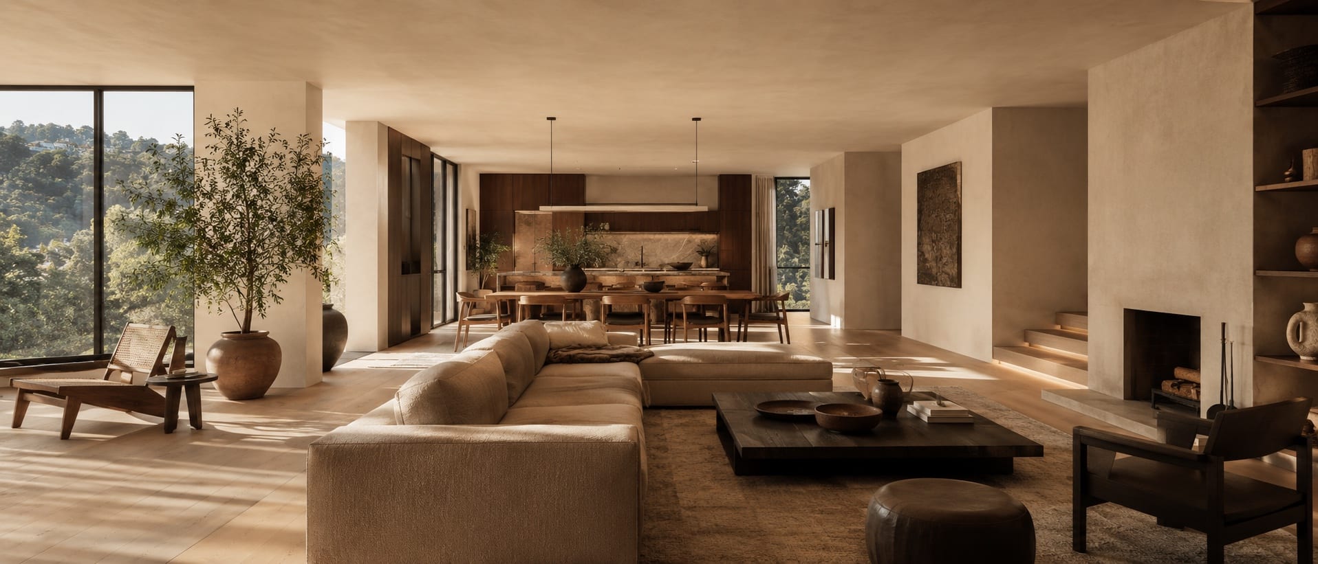 Warm plaster living space opening to a hillside view