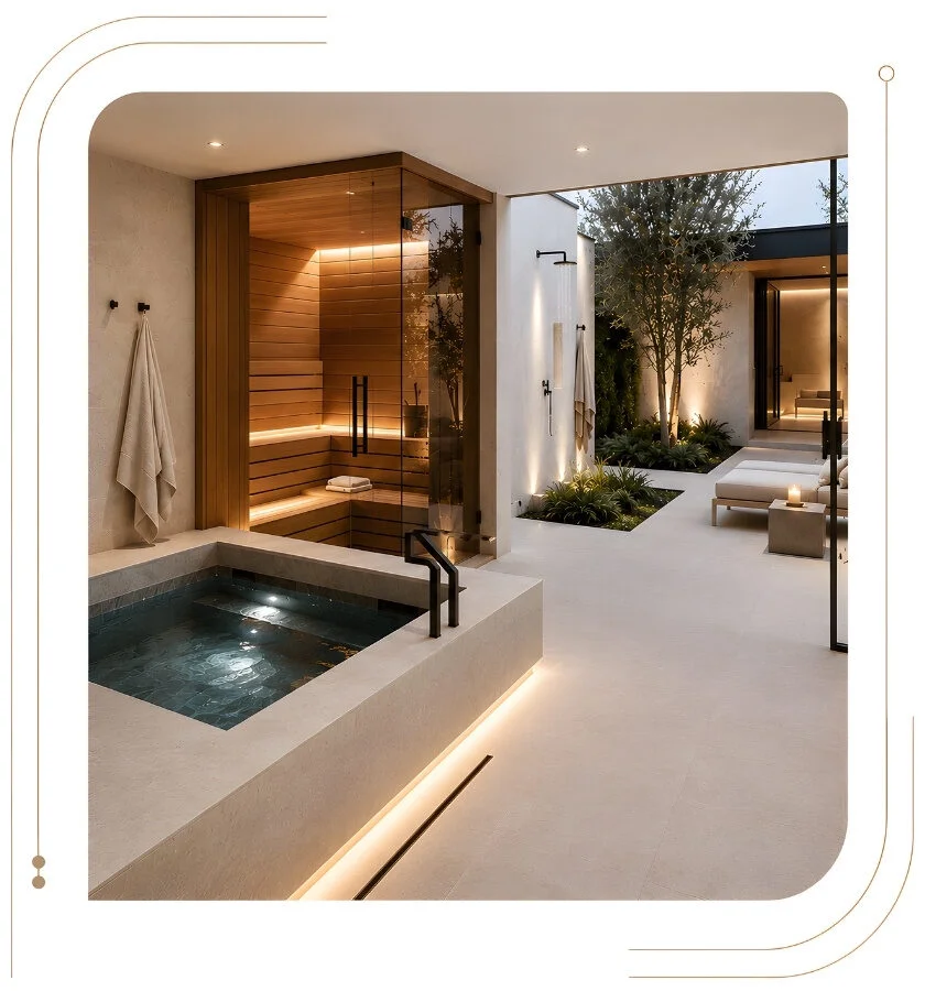 Luxury outdoor home wellness area with custom cold plunge pool, adjacent glass-enclosed wooden sauna, outdoor shower, lounge seating, ambient LED lighting, modern stone flooring, potted plants, and serene spa-inspired design.
