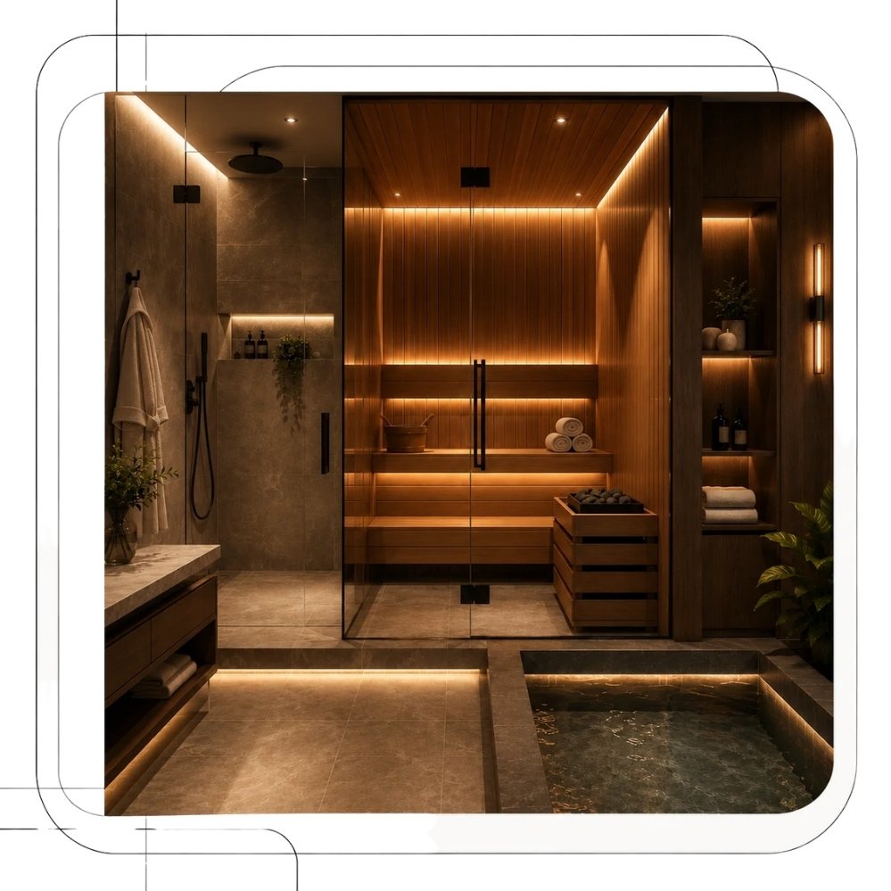 Luxury home wellness suite featuring a glass-enclosed wooden sauna, adjacent cold plunge pool, modern stone flooring, ambient LED lighting, spa towels, and integrated shelving in a high-end residential spa interior.