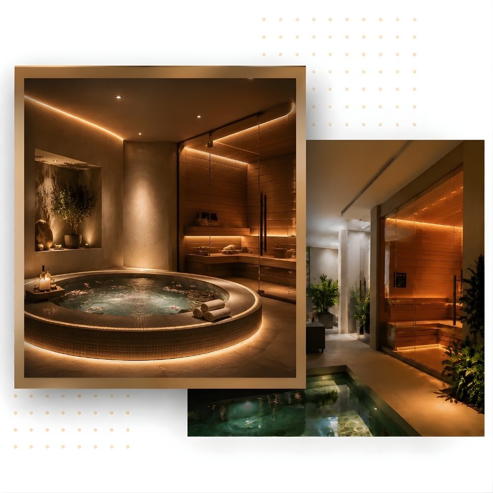 Luxury home wellness suite with circular plunge pool, adjacent glass-enclosed wooden sauna, ambient LED lighting, spa towels, natural stone flooring, and high-end residential spa interior with warm ambient reflections.