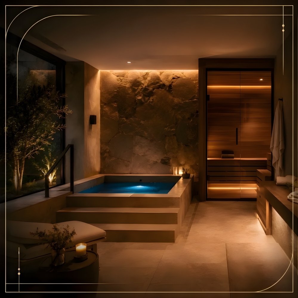 Luxury home cold plunge and sauna wellness area with indoor plunge pool, glass-enclosed wooden sauna, stone flooring, ambient LED lighting, lounge seating, candles, potted plants, and high-end residential spa design.