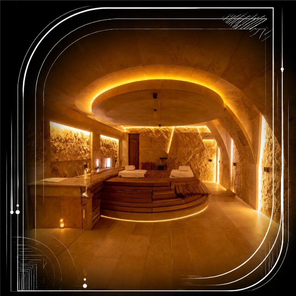 Luxury home wellness sauna room with curved wooden benches, stone walls, ambient warm lighting, spa towels, and a circular ceiling light feature in a high-end residential spa interior.