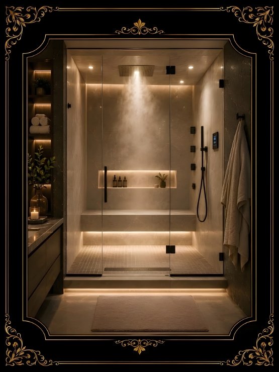 Luxury home steam shower with frameless glass enclosure, stone walls, ambient LED lighting, rainfall shower head, bench seating, integrated shelving, spa towels, and elegant high-end residential interior.