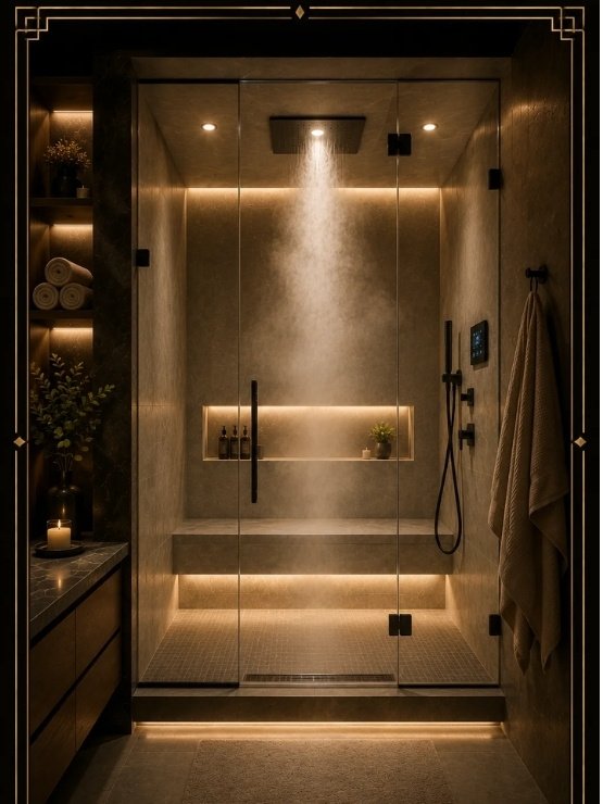 Luxury home steam shower with frameless glass enclosure, ambient LED lighting, rainfall shower head, stone walls, bench seating, spa towels, and elegant high-end residential interior.